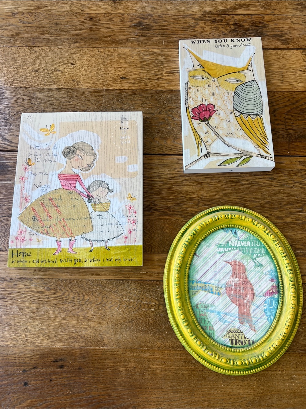 Whimsical Wood & Framed Bird Wall Art Trio - Yellow, Cream, Green Accents